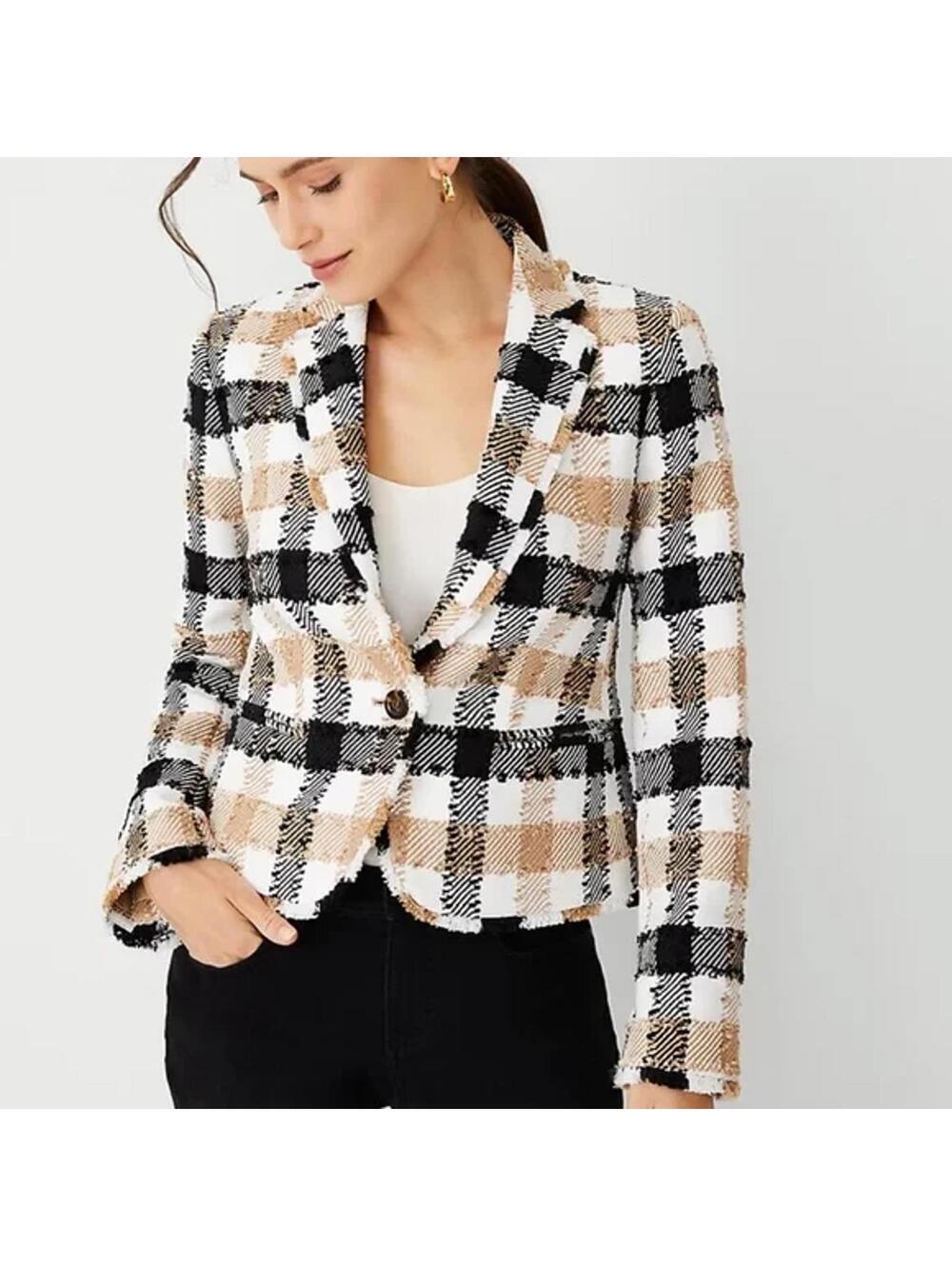 LKNW Ann Taylor Black Tan White fringe blazer jacket 10P Petite newbury